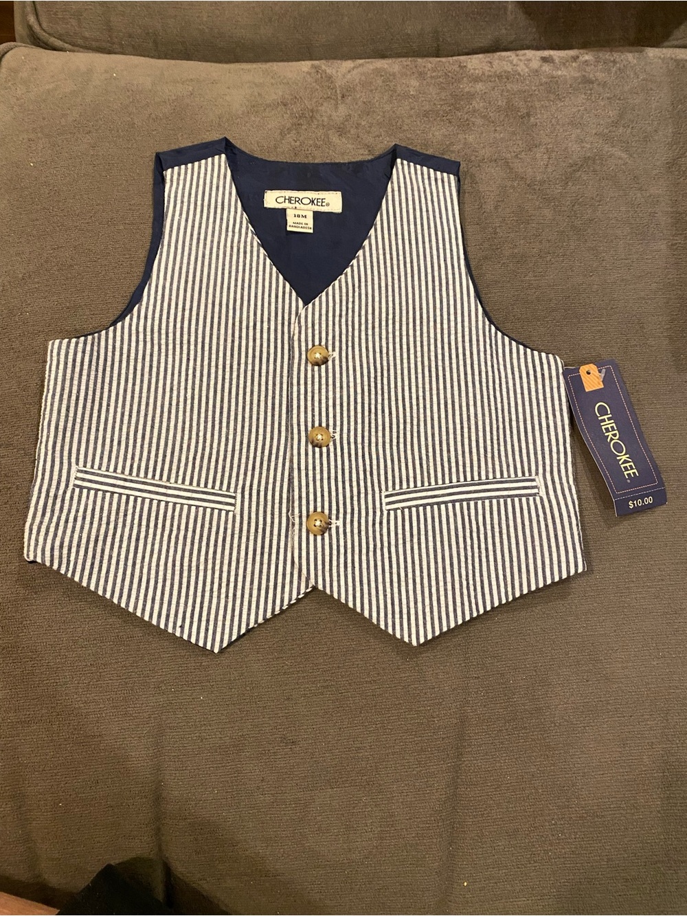 4/$20 Cherokee blue striped vest 18 months